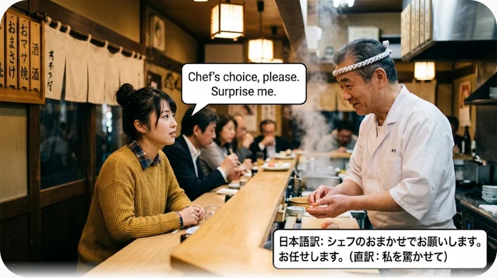 レストランのカウンターでシェフが料理を差し出し、客が信頼を示す仕草で受け取っている場面