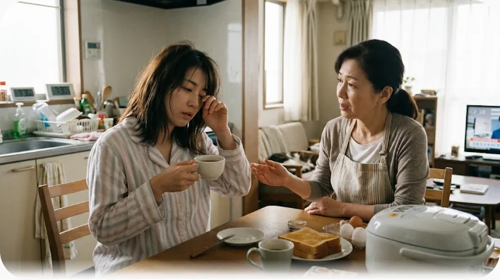 朝食のテーブルであくびをして眠そうな人物と、心配そうに見つめるもう一人の東アジア系の二人