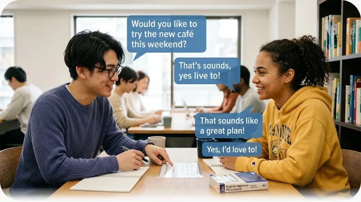 カフェの丸テーブルで、手のひらを開いて提案する女性と、笑顔でうなずいて聞く二人の同僚が話している様子