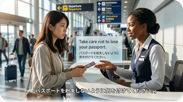 ホテルのフロントで旅行者がパスポートと書類を両手で丁寧に持ち、スタッフが笑顔で用紙を指し示している写真