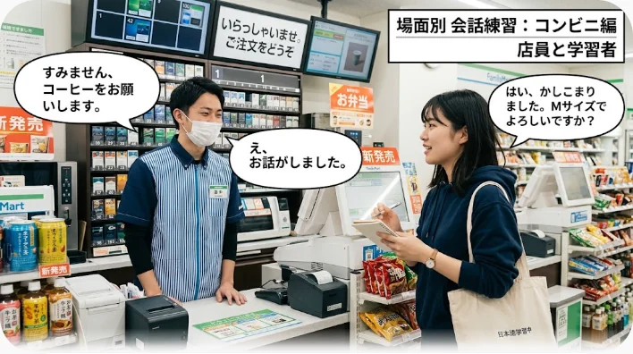 カフェのカウンターで店員が東アジア系の客に紙コップを渡しながら会話している様子