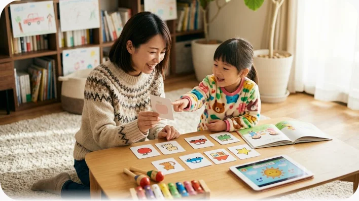 親子でリビングに座り動物の絵本を読みながら鳴き声を真似している様子