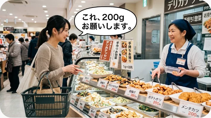 スーパーのデリカウンターで、白いエプロン姿の店員が紙にのせたチーズを差し出し、客がそれに応じて話しかけている場面