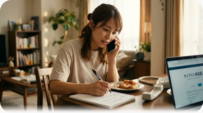 明るいキッチンでスマートフォンを耳に当て、カウンター上のメモを指しながら電話注文をしている女性