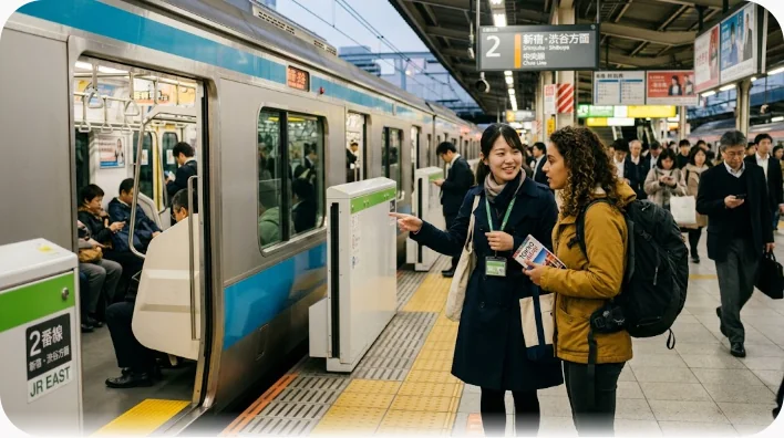 ホームで電車の行き先や乗車位置を身振り手振りで説明する様子