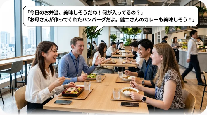 昼休みの社員食堂でトレーを前に向かい合って話す二人の同僚