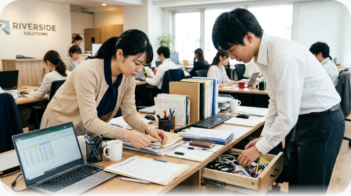 左に引き出し付きの個人用デスク、右に椅子に囲まれた共有の会議テーブルが並ぶオフィス内の比較写真