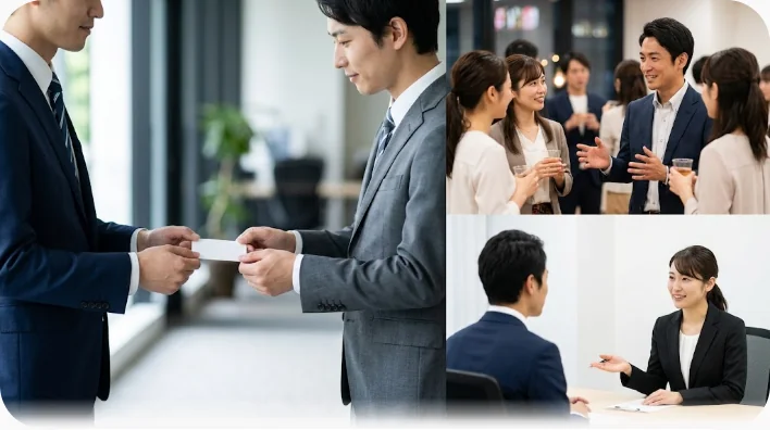 ホテルのラウンジで日本人男性が両手で名刺を差し出し、南アジア系の女性が笑顔で受け取っている場面