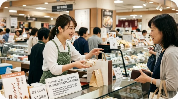 お土産店のレジで店員が箱入りの品を包み、旅行者が箱を指しながら話しかけている様子