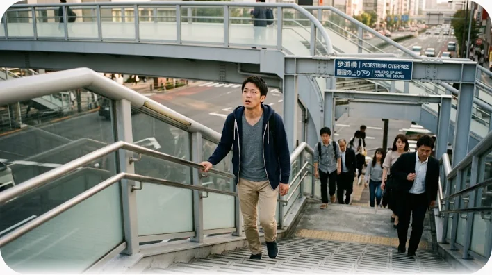 都市の道路にかかる歩道橋の階段を上る二人の同僚を横から捉えた写真
