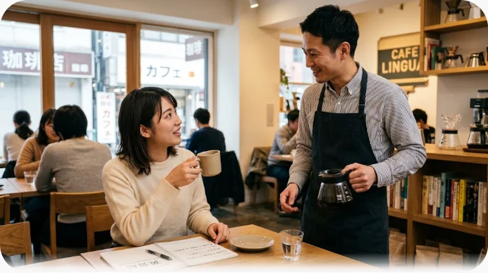 ダイナーの席でコーヒーポットからお代わりを注ぐ店員と、笑顔で感謝を伝える東アジア系の女性旅行者