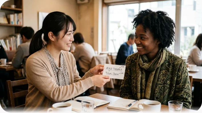 カフェのテーブルで手書きのメモを差し出す女性と受け取る女性