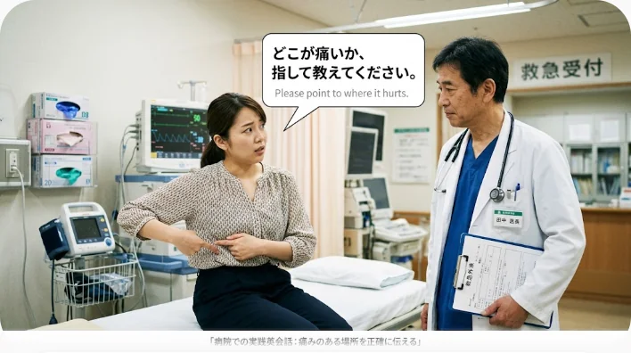足首をテーピングしたシューズ、絆創膏を貼った手、救急箱の3つのアイコンで怪我の英単語の違いを示した図