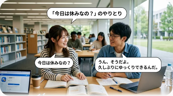 校舎の廊下で立ち話をする二人の学生。一方が不思議そうな表情で、もう一方が説明している様子