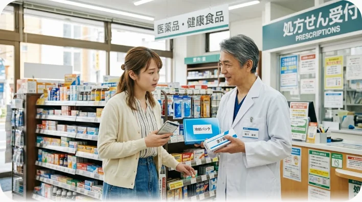 海外の薬局でコールドパックの箱を手にした学習者が、白衣の薬剤師に相談している様子