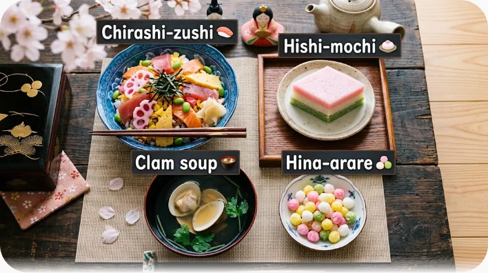 ちらし寿司、はまぐりのお吸い物、三色の菱餅、ひなあられが木のテーブルに並んだひな祭りの食卓を真上から見た様子