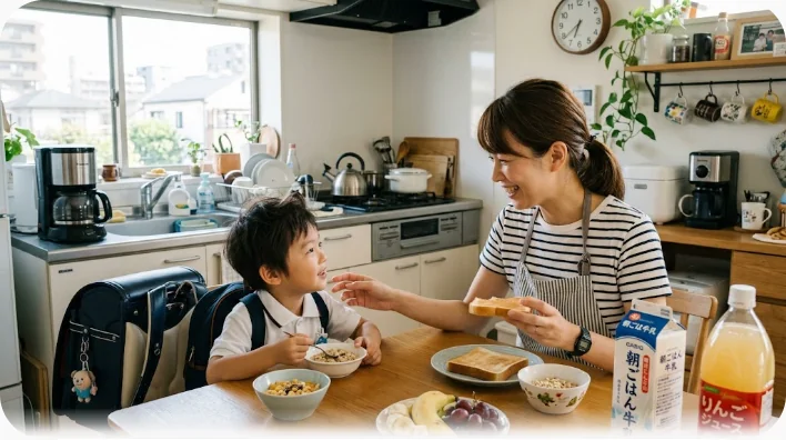 朝食の準備をする親と、パジャマ姿でテーブルに座る子どもの家庭の風景