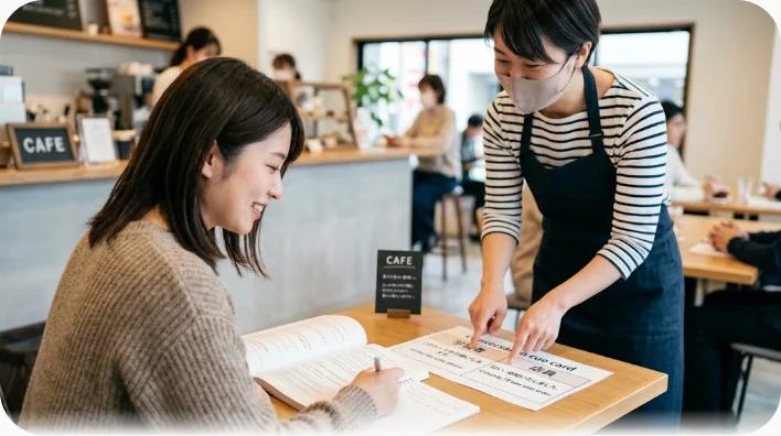 雑貨店の店内で学習者が棚の商品を指さし、店員が答えている様子