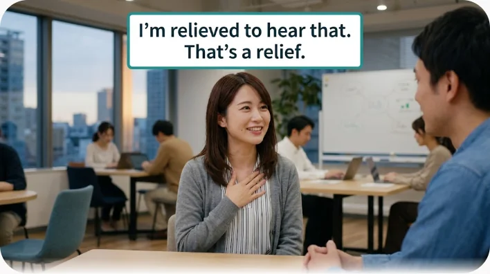 明るいカフェで向かい合って会話する東アジア系の学習者と欧米系の友人、片方が胸に手を当てて安堵を示している