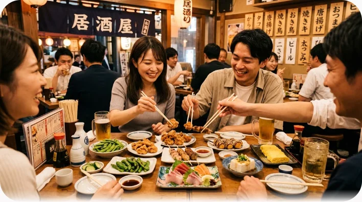 居酒屋のテーブルに枝豆や冷奴、焼き鳥、刺身の盛り合わせが並び、複数の手が箸を伸ばして取り分けている様子