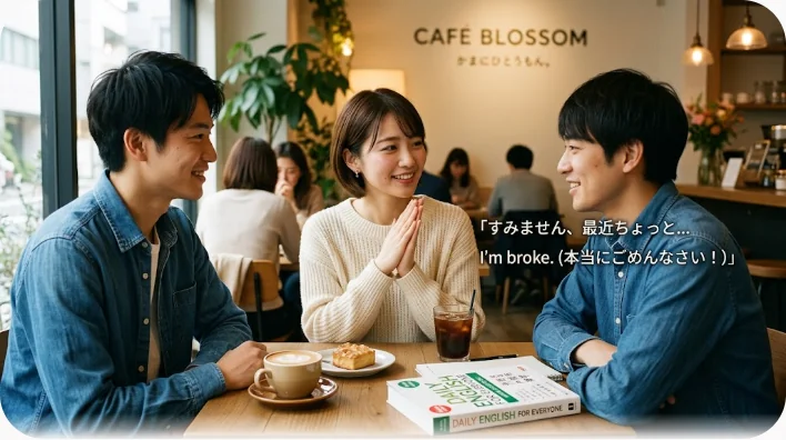 カフェで向かい合う二人の友人。一方が手のひらを向けて申し訳なさそうに誘いを断っている