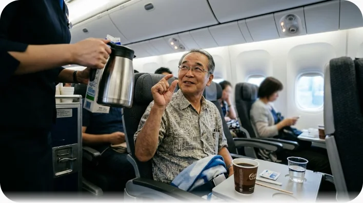 機内で客室乗務員がコーヒーを注ぎながら乗客に話しかけ、乗客が指で「少しだけ」と示している場面