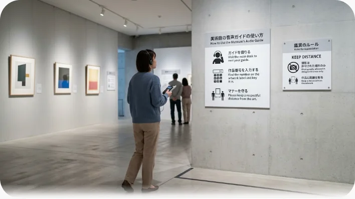 展示室で音声ガイドを着けた来館者が抽象画から距離を取って鑑賞している様子