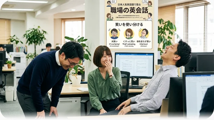 オフィスの休憩スペースで3人の同僚がマグカップを持ちながら、それぞれ大笑い・くすっと笑いなど違う強さで笑っている様子