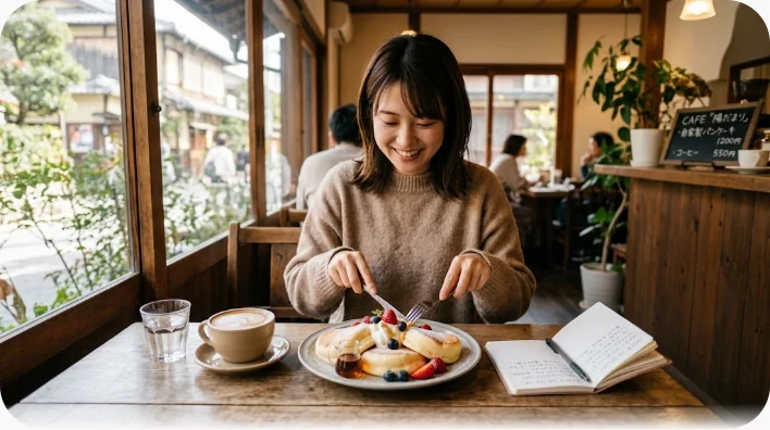 明るいカフェのテーブルでパンケーキを囲んで会話する二人の大人の学習者