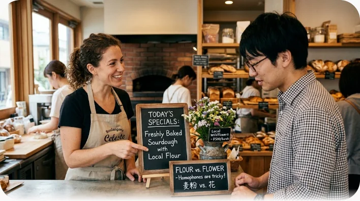 パン屋のカウンターで学習者が店員と笑顔で会話し、そばに小麦粉のボウルと花瓶が置かれている場面