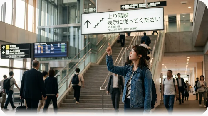 乗換駅のコンコースで、学習者が階段を指し示しながら旅行者に道順を説明している場面
