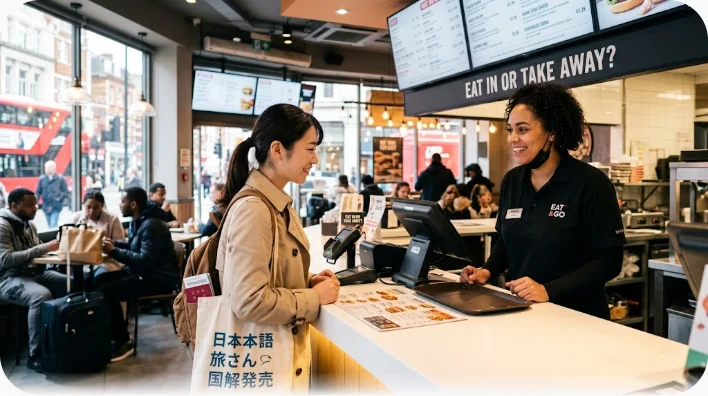カフェのカウンターで店員が持ち帰り用の紙袋を旅行者に手渡している場面