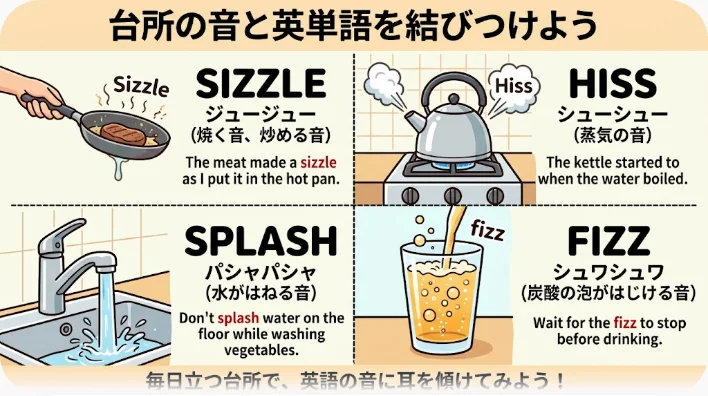 フライパンでベーコンが音を立て、やかんから湯気が出ているキッチンで調理する人物