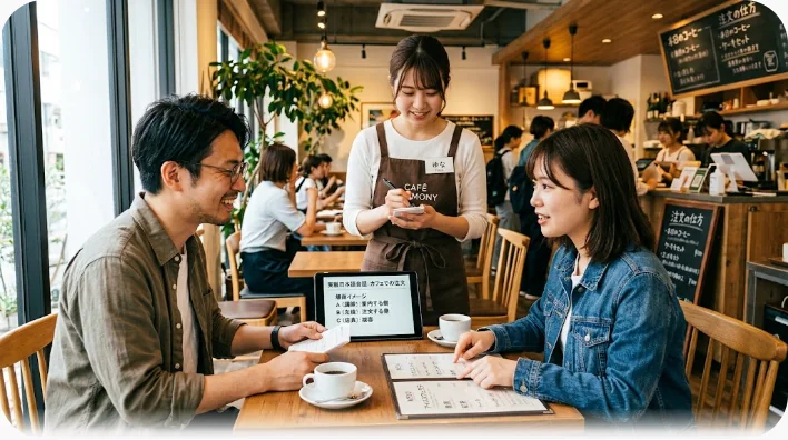 ラーメン店のカウンターで器を指しながら海外からの来店客に説明する客と、カウンター内に立つ店員