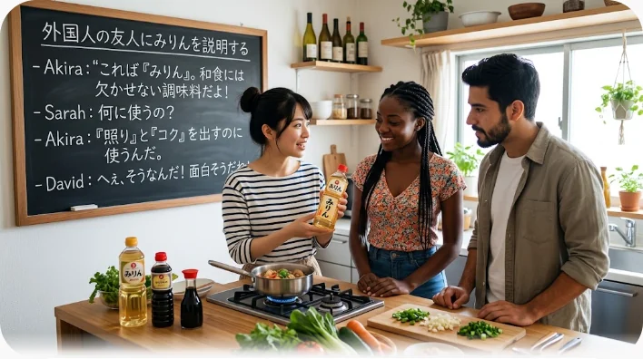 家庭のキッチンで多様な人種の友人たちに調味料のボトルを手に説明する東アジア系の女性