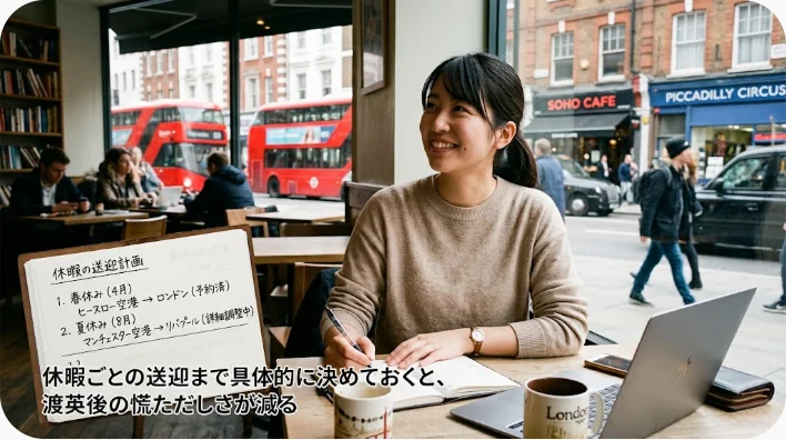 イギリスの駅のホームで、スーツケースを持つ東アジア系の留学生がコート姿の女性に出迎えられている場面