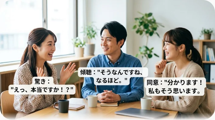 オフィスの休憩スペースで3人の同僚が笑顔で雑談し、一人が驚いた表情で反応している様子