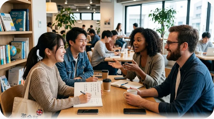 カフェのテーブルで笑顔で会話する東アジア系の女性と英語話者の男性