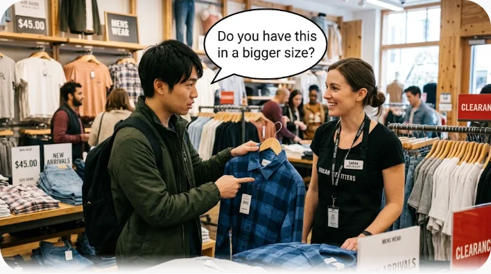 イギリスの制服取扱店で、東アジア系の母親と子どもがグレーのスカートと紺のニットを手に持ち、店員がサイズ表を指し示している場面