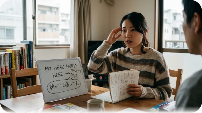 薬のカウンターで日本人の客が喉に手を当てて症状を伝え、薬剤師が話を聞いている場面