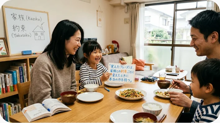 ソファに座る家族三人が、スマートフォンの画面を一緒に見ながら笑顔で話し合っている様子