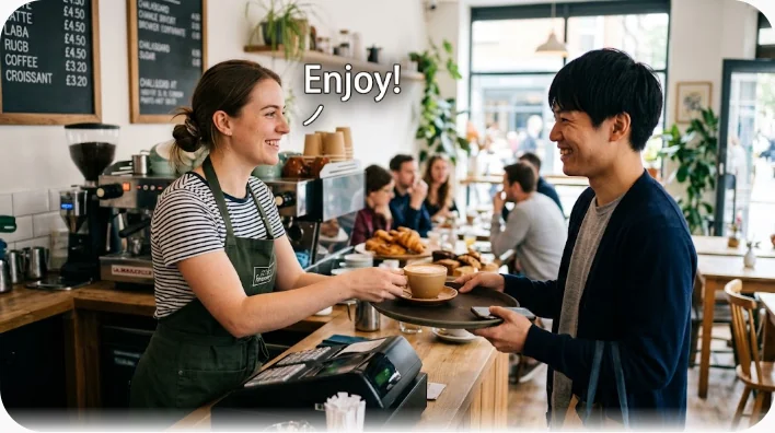 レストランで店員が料理の皿をテーブルに置き、客が笑顔で見上げている様子