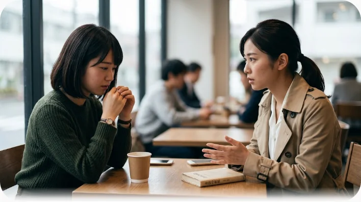 オフィスでマスクをつけた東アジア系の社員が同僚に理由を説明している場面