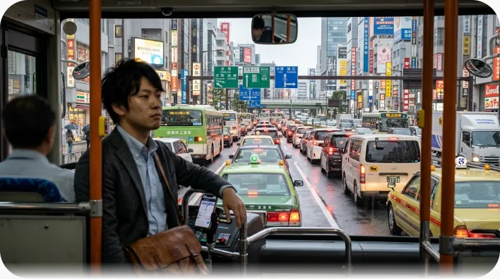 渋滞で止まったタクシーの車内から申し訳なさそうに電話で連絡するスーツ姿の男性