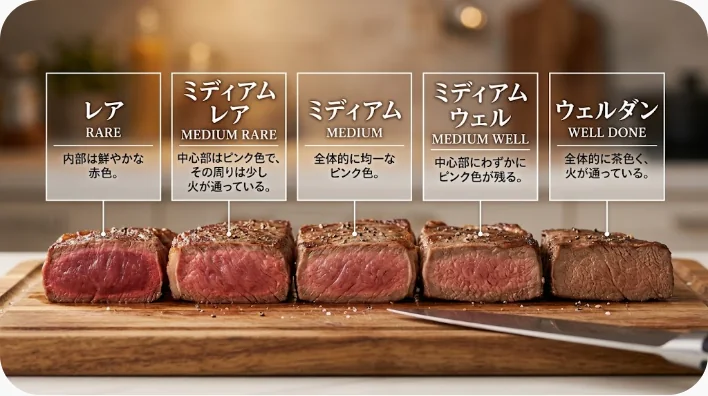 中心がほんのりピンク色のカットされたステーキとビールが並ぶ夕食のテーブル