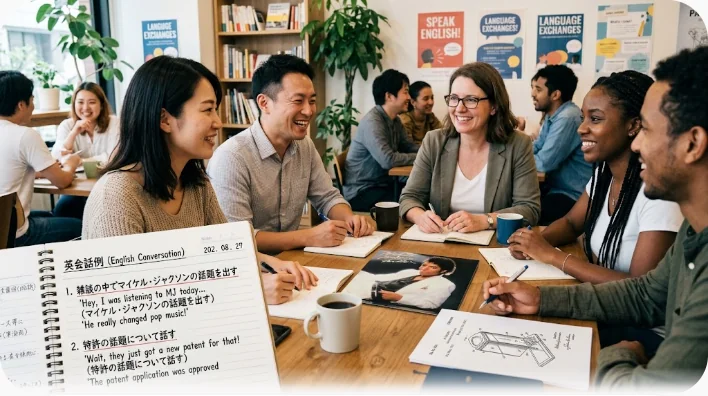 カフェのテーブルでノートを持つアジア系の学習者と、身振りを交えて説明する英語話者が向かい合って会話している様子