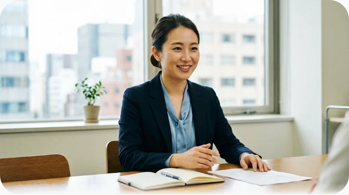 明るいオフィスで、東アジア系の学習者が2人の面接官に落ち着いて自己紹介をしている場面