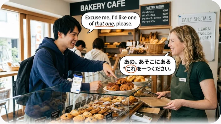 ベーカリーカフェのショーケース越しにパンを指さす客と、カウンター越しに応対する店員