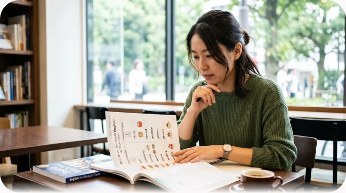 カフェのカウンターで東アジア系の学習者が店員と注文のやり取りをしているイラスト