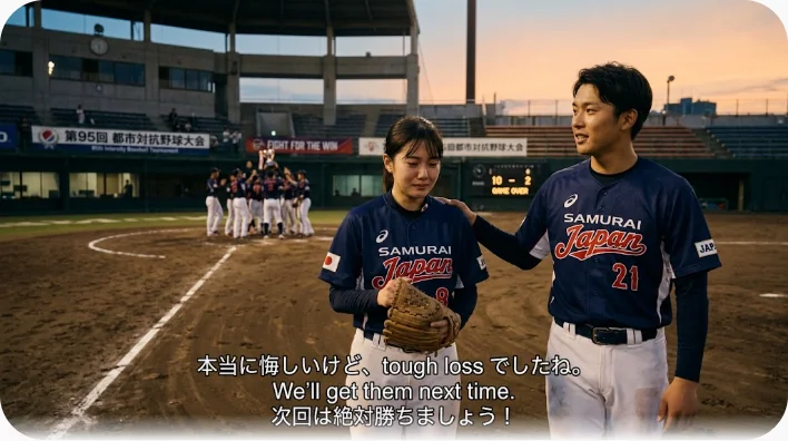 試合に負けた直後のグラウンドで、うずくまる選手の肩に仲間が手を置いて励ましている社会人チームの様子